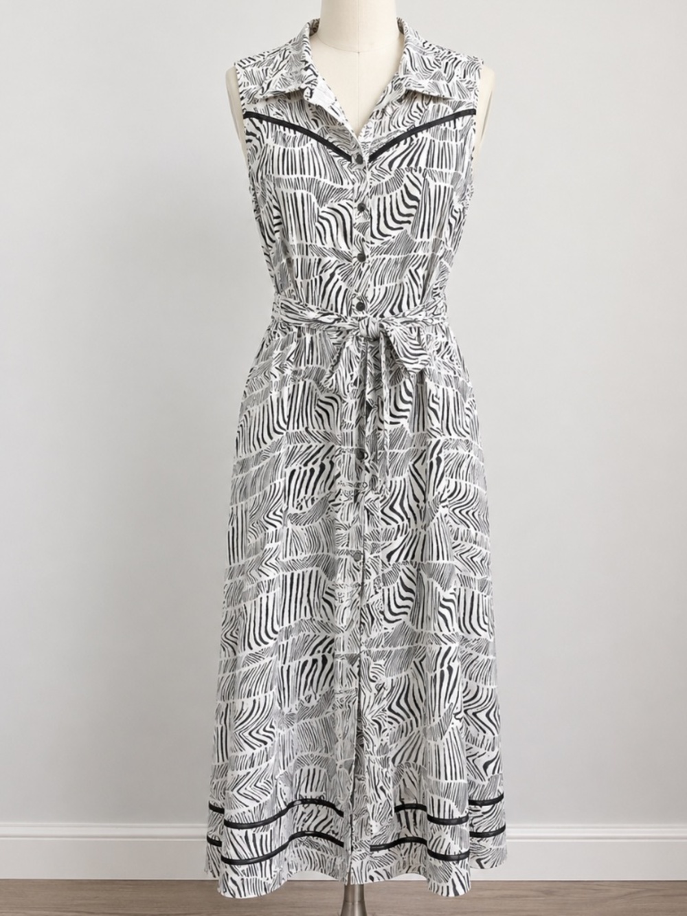 Next Linen Blend Midi Dress US 18 UK 22 Black White Belted Pocket Career